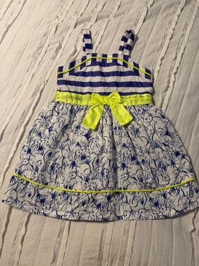 Cat & Jack Navy and White Floral Stripe Dress with Neon Yellow Bow
